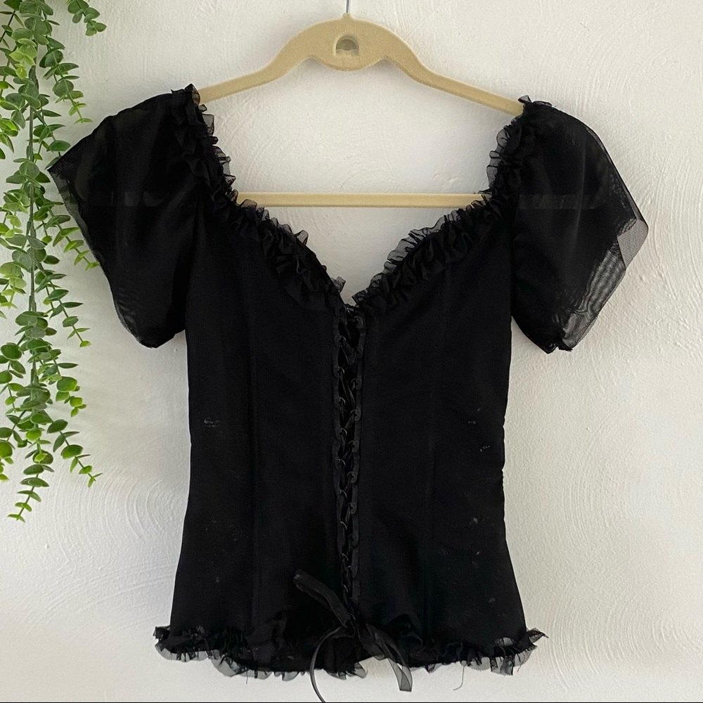 Vintage black mesh back lace up top - Picture 6 of 10